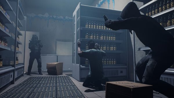 Screenshot from 'Ready or Not' showing a tactical officer aiming at two suspects in a dimly lit convenience store aisle.