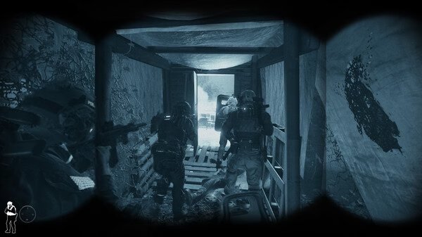 Screenshot from 'Ready or Not' showing a tactical team in night vision, advancing through a dark corridor with weapons drawn.
