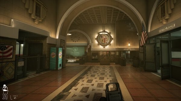 Screenshot from Ready or Not showing a police station lobby with vending machines, flags, and an emblem on the wall.