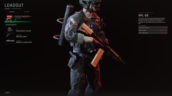 Screenshot from 'Ready or Not' showing a player character in tactical gear holding a rifle, with loadout details displayed.