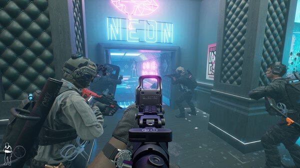 Screenshot of gameplay from Ready or Not showing armed players in tactical gear breaching a neon-lit room with weapons drawn.