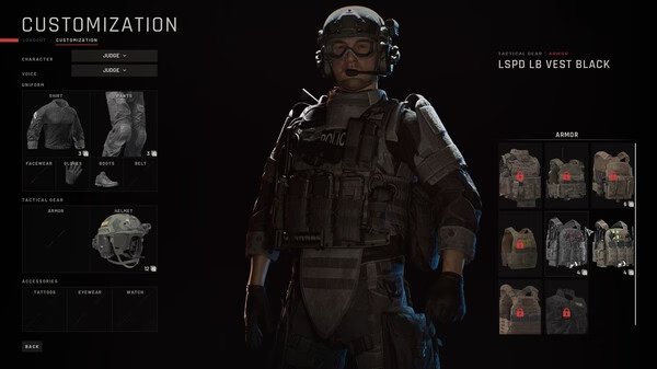 Screenshot from Ready or Not showing the customization menu with a tactical character wearing LSPD LB Vest Black armor.