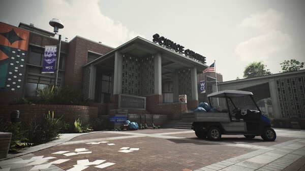 Screenshot from Ready or Not showing a community college entrance with parked golf cart and bags of trash scattered around.