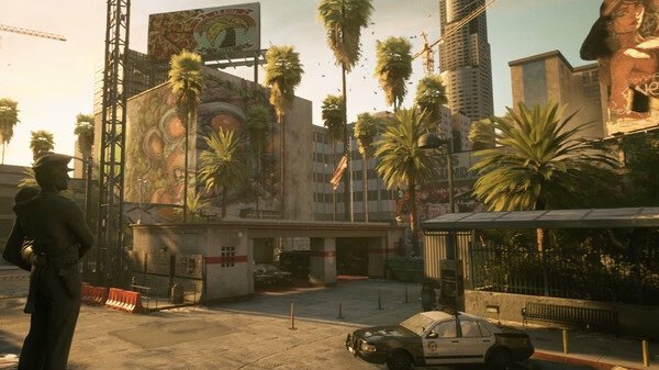 A "Ready or Not" screenshot showing a police officer overlooking a city street with palm trees and graffiti-covered buildings.