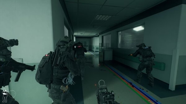 Screenshot from 'Ready or Not' showing a tactical team in a dimly lit corridor, preparing to breach a door in a tense scenario.