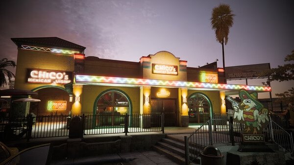 Screenshot from Ready or Not showing a brightly lit Chico's Mexican restaurant at dusk with neon signs and a cartoon mascot.