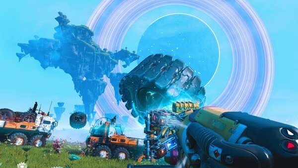 No Man's Sky screenshot: A player wields a futuristic weapon against robotic creatures on a grassy planet with floating islands and rings in the sky.