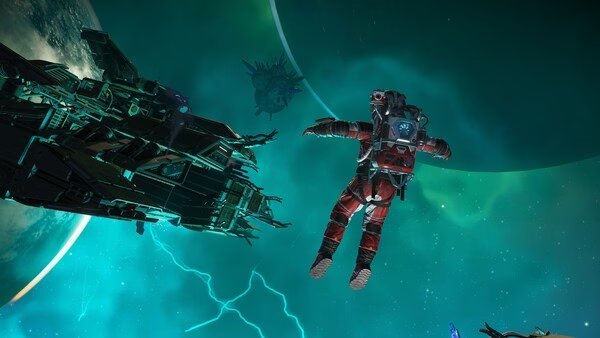 A screenshot from No Man's Sky showing a player in a red spacesuit floating near a spaceship in a vibrant green cosmic scene.