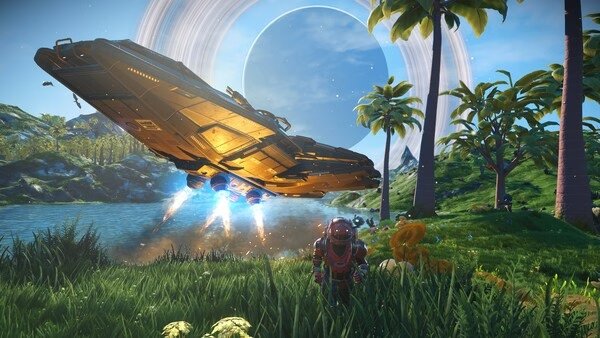 No Man's Sky screenshot: A spaceship hovers over a lush, tropical landscape with palm trees, a serene lake, and a distant planet in the sky.
