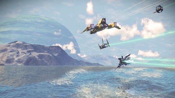 No Man's Sky screenshot: A group of futuristic ships flying over an ocean with a mountainous landscape and a large planet in the background.
