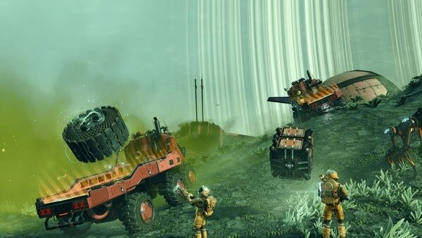 Screenshot from No Man's Sky showing astronauts exploring an alien planet with a rugged terrain vehicle and a spaceship in the background.