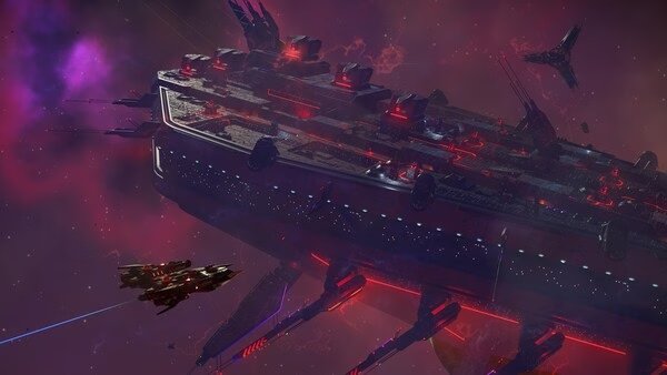 Screenshot from No Man's Sky showing a massive spaceship with glowing red lights in space, accompanied by smaller ships against a nebula backdrop.