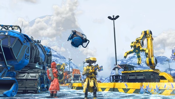 No Man's Sky screenshot: Two characters stand on icy terrain, surrounded by machinery and a flying drone under a cloudy sky.
