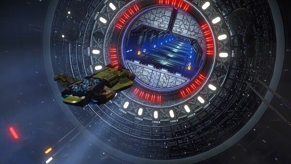 A spaceship approaches a space station entrance in this No Man's Sky screenshot, showcasing vibrant lights and intricate design.