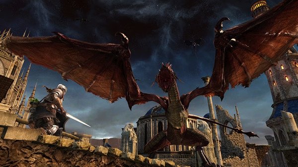 A knight faces a large dragon on a castle rooftop in this screenshot from Dark Souls II: Scholar of the First Sin.