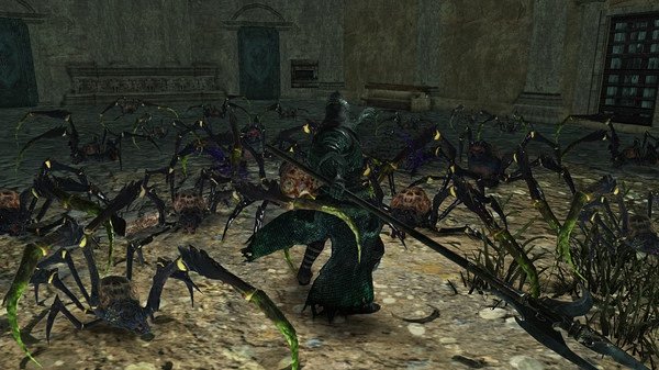 Dark Souls II: Scholar of the First Sin screenshot showing a player character surrounded by giant spider enemies in a dark, stone room.