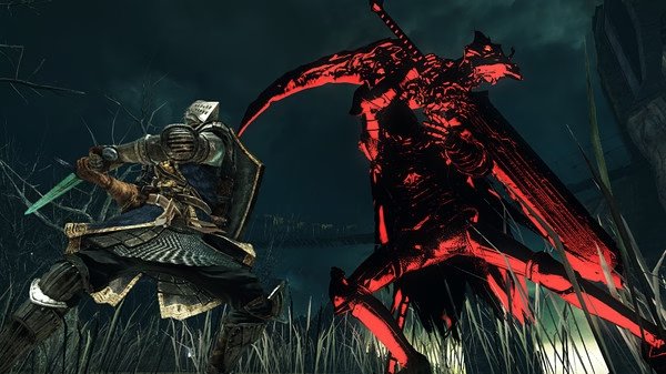 Dark Souls II: Scholar of the First Sin screenshot: A knight faces a glowing red phantom in a dark, eerie landscape.