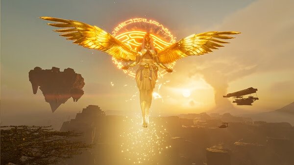Soul Mask screenshot: A glowing, winged figure ascends into a golden sky with floating islands and ships in the background.