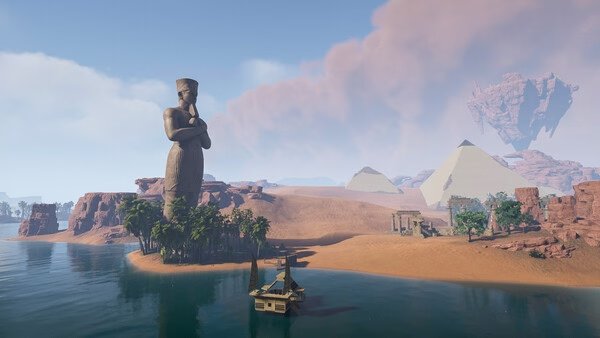 Screenshot from Soul Mask: A vast desert landscape with a towering statue, pyramids, and a raft on a river under a cloudy sky.