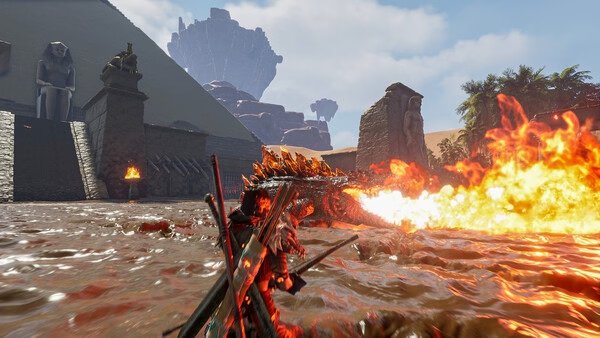 Screenshot from Soul Mask: A player faces a fire-breathing dragon near ancient ruins and statues under a clear sky.