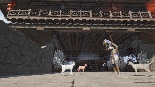 Screenshot from Soul Mask showing a character in armor interacting with three mystical foxes under a wooden bridge.