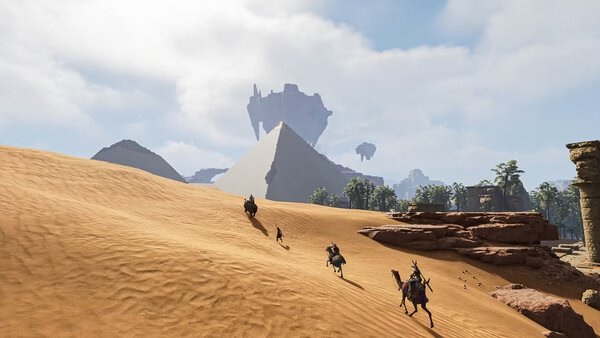 Screenshot from Soul Mask: Four riders on horseback traverse a vast desert landscape with pyramids and distant floating islands.