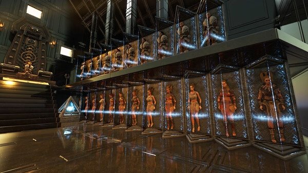 Screenshot from Soul Mask showing characters in futuristic pods inside a high-tech chamber, with a throne visible in the background.