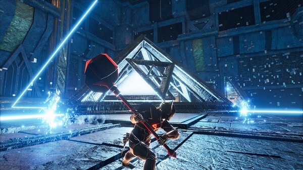 Screenshot from Soul Mask showing a warrior crouching with a large hammer near a glowing pyramid in a futuristic arena.