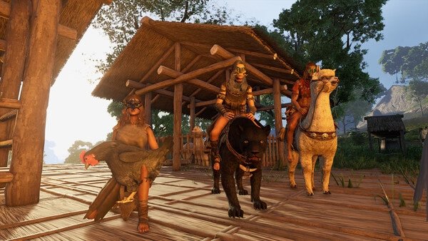 Screenshot from Soul Mask showing three characters in tribal attire riding a panther, llama, and holding a chicken on a wooden platform.