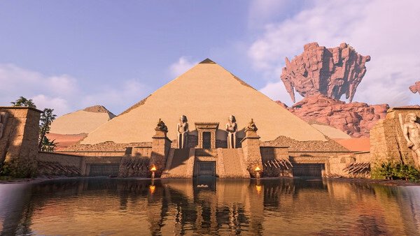 Screenshot from Soul Mask showing a grand pyramid with ancient statues, surrounded by a reflective water body and rocky landscape.