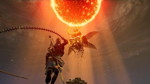 A screenshot from Soul Mask shows a warrior leaping toward a glowing fiery entity under a bright, burning sun.