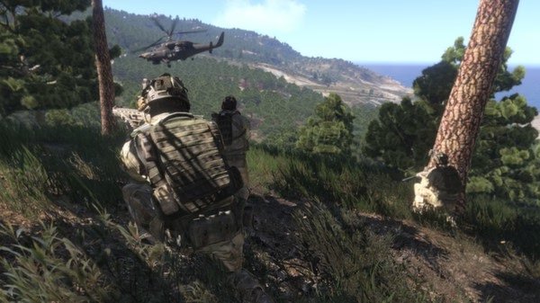 Arma 3 screenshot: Soldiers in camouflage crouch in a forested area, aiming weapons as a helicopter flies over a coastal landscape.