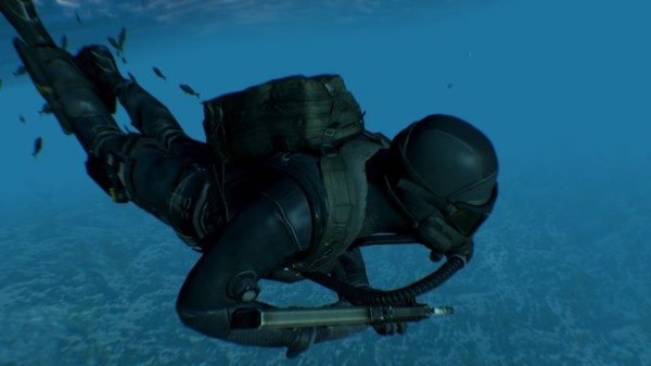 A screenshot from Arma 3 showing a diver in a dark wetsuit and scuba gear swimming underwater with a weapon.
