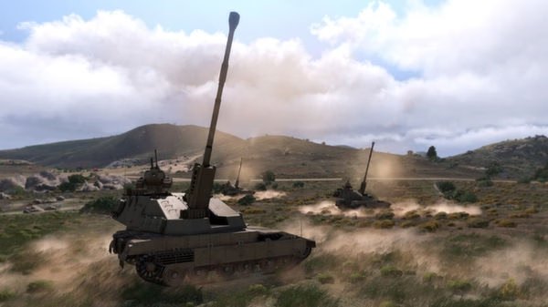 Arma 3 screenshot: Three military tanks with long barrels move across a grassy landscape under a cloudy sky.