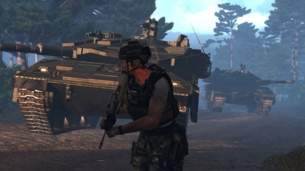 Arma 3 screenshot: A soldier in tactical gear crouches with a rifle near two military tanks in a forested area.