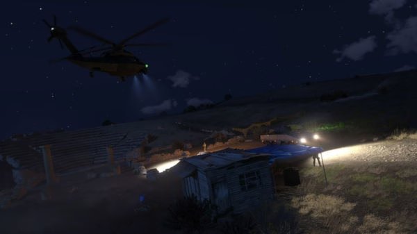 Arma 3 screenshot: Night scene with a helicopter in flight, illuminating a small shack on a hillside with its spotlight.