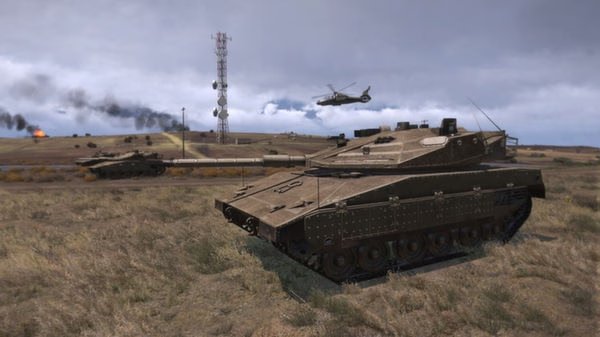 Arma 3 screenshot: A tank in the foreground on grassy terrain, with another tank, a helicopter, and smoke visible in the distance.
