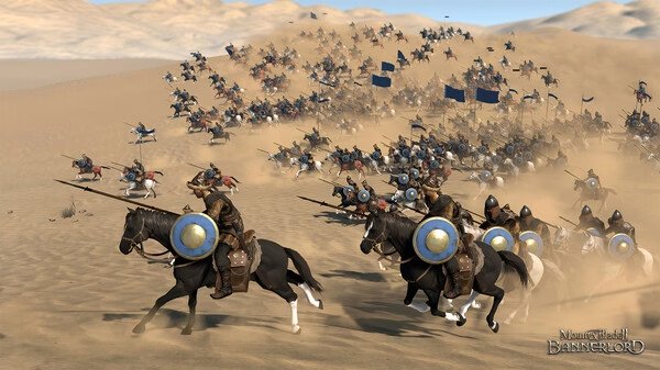 A Mount & Blade II: Bannerlord screenshot showing cavalry charges in a vast desert battlefield.