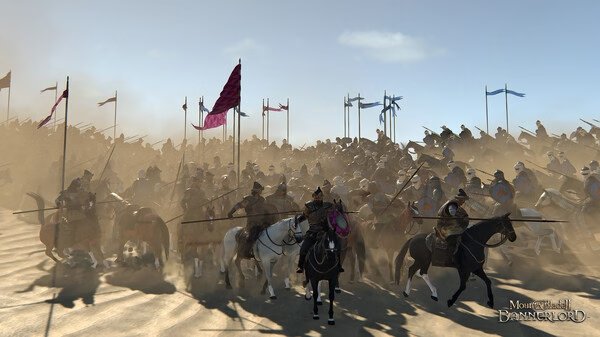 A Mount & Blade II: Bannerlord screenshot showing a massive cavalry charge on a dusty battlefield, with flags and armed soldiers.