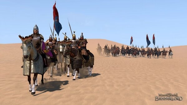 Mount & Blade II: Bannerlord screenshot showing armored cavalry troops riding through a desert with banners waving in the background.