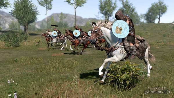 A Mount & Blade II: Bannerlord screenshot shows armored cavalry charging across a grassy plain with mountains in the background.