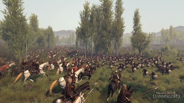 A Mount & Blade II: Bannerlord screenshot showing a large cavalry charge and infantry battle in a grassy, tree-filled battlefield.