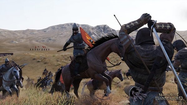 A Mount & Blade II: Bannerlord screenshot shows a mounted knight in battle, wielding a sword against enemy soldiers in a grassy field.