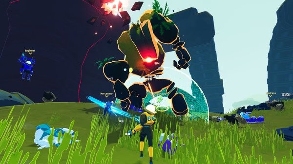 A 'Risk of Rain 2' screenshot showing a player battling a large glowing golem on a grassy field with teammates nearby.