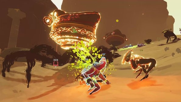 Screenshot from Risk of Rain 2 showing a player battling aliens in a desert landscape with a glowing UFO overhead.
