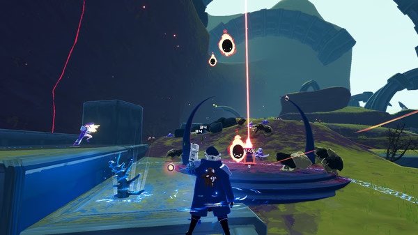 Risk of Rain 2 screenshot: A character battles enemies using glowing abilities in a vibrant, alien landscape with curved structures.