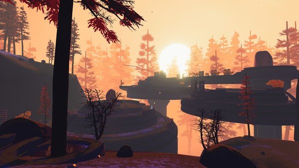 A 'Risk of Rain 2' screenshot showing a scenic alien landscape with a glowing sunset, trees, and rocky terrain.