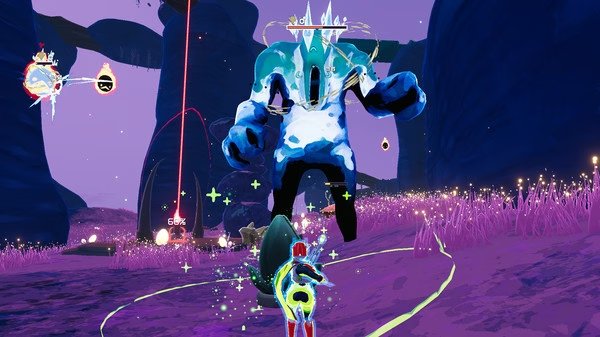 Risk of Rain 2 screenshot: A player battles a large icy boss surrounded by glowing effects in a vibrant, alien landscape.