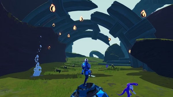 Risk of Rain 2 screenshot: A character stands on a platform in an alien landscape, surrounded by floating items and arching structures.