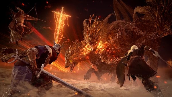 A screenshot from Elden Ring: NightReigns shows warriors battling a fiery beast with glowing eyes in a dynamic, action-packed scene.